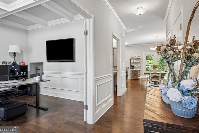 2127 Apple Orchard Way, Austell, GA 30168 - hallway featuring dark wood-type flooring, crown molding, a chandelier, a wainscoted wall, and a decorative wall