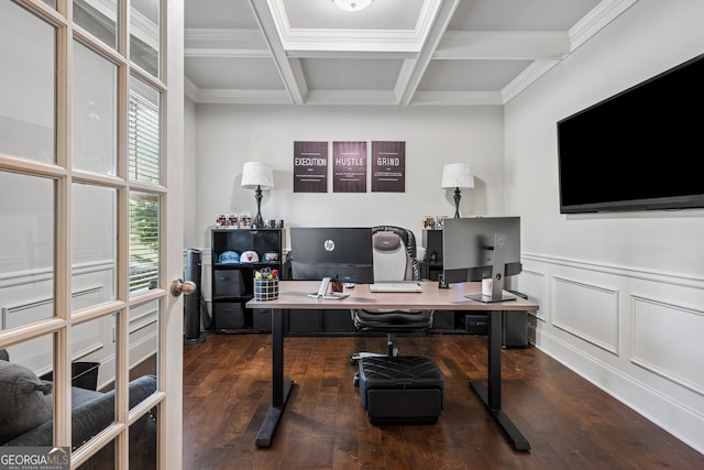 2127 Apple Orchard Way, Austell, GA 30168 - office area featuring wood finished floors, beamed ceiling, coffered ceiling, and crown molding