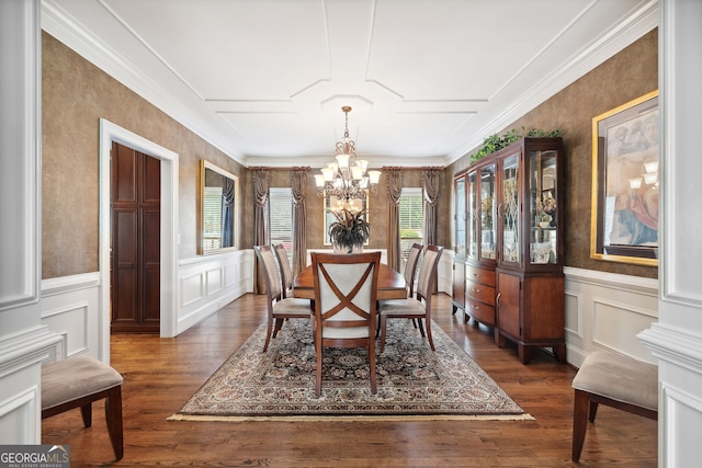 3495 Mill Bridge Dr, Marietta, GA 30062 - dining space with a chandelier, crown molding, a decorative wall, dark wood-type flooring, and a wainscoted wall