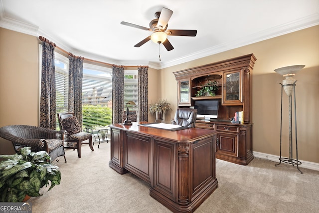 3495 Mill Bridge Dr, Marietta, GA 30062 - office area featuring light colored carpet, crown molding, a ceiling fan, and baseboards