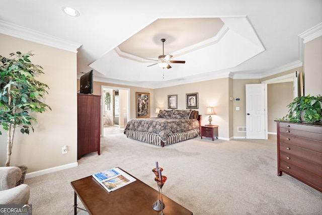 3495 Mill Bridge Dr, Marietta, GA 30062 - bedroom with light colored carpet, baseboards, a raised ceiling, ornamental molding, and a ceiling fan