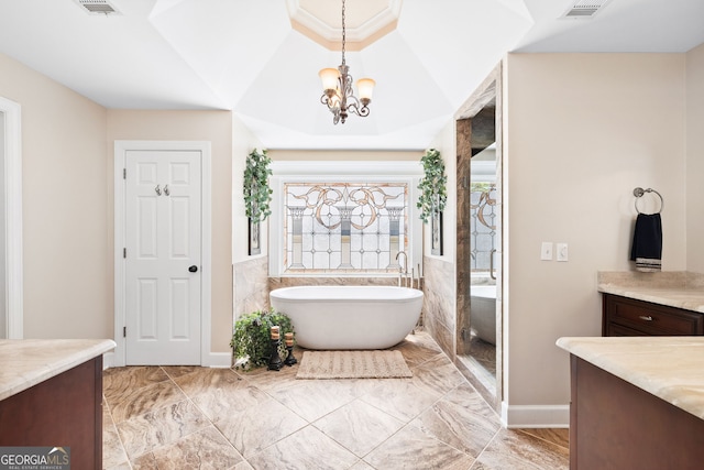 3495 Mill Bridge Dr, Marietta, GA 30062 - bathroom with a soaking tub, marble finish flooring, vanity, a chandelier, and baseboards