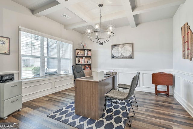 390 Cushing St, Senoia, GA 30276 - office area featuring coffered ceiling, dark wood-type flooring, a chandelier, beam ceiling, and wainscoting