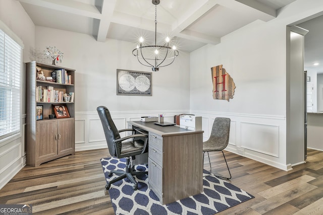 390 Cushing St, Senoia, GA 30276 - office space featuring coffered ceiling, dark wood-style flooring, beamed ceiling, a chandelier, and a decorative wall