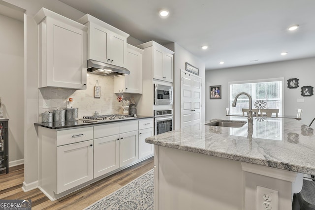 390 Cushing St, Senoia, GA 30276 - kitchen featuring under cabinet range hood, appliances with stainless steel finishes, a sink, light wood-style flooring, and white cabinets