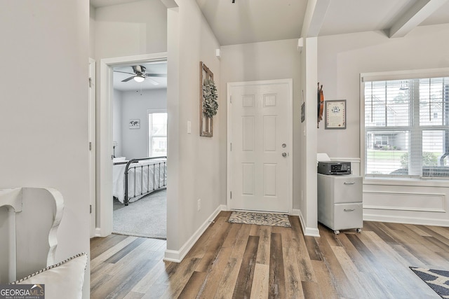 390 Cushing St, Senoia, GA 30276 - entryway with wood finished floors, a ceiling fan, beamed ceiling, and baseboards