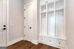 320 Dodd Ln, Alpharetta, GA 30005 - mudroom featuring baseboards and dark wood-type flooring