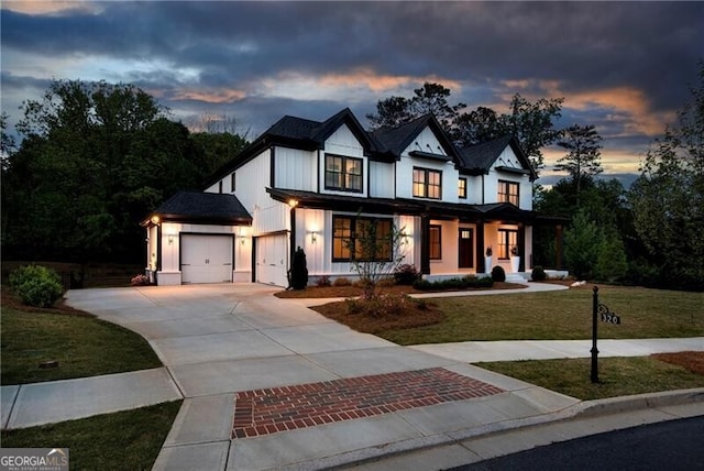 320 Dodd Ln, Alpharetta, GA 30005 - modern farmhouse with driveway, a lawn, covered porch, and an attached garage