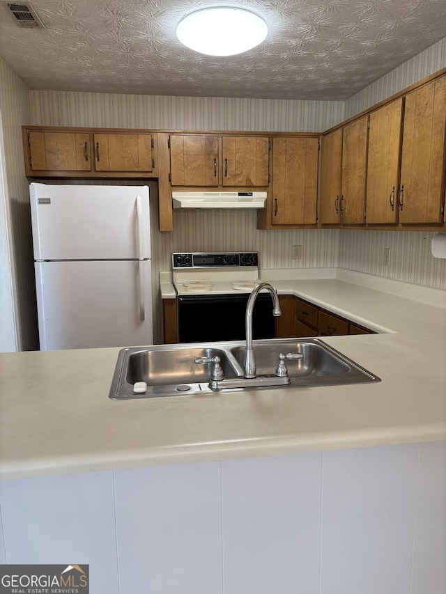 135 Courtyard Ln, Fayetteville, GA 30215 - kitchen featuring freestanding refrigerator, under cabinet range hood, black electric range, light countertops, and brown cabinets