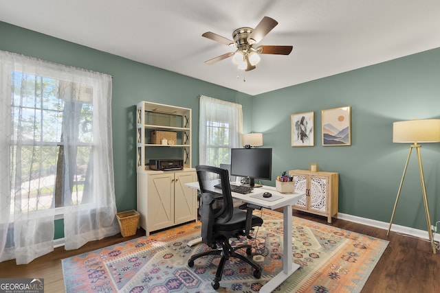 2121 Elysian Cir, Gainesville, GA 30501 - office area with ceiling fan, plenty of natural light, baseboards, and wood finished floors