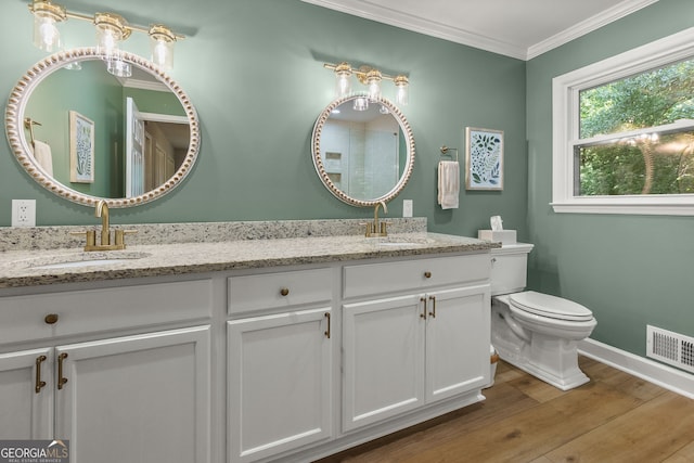 2121 Elysian Cir, Gainesville, GA 30501 - full bathroom featuring wood finished floors, double vanity, and ornamental molding