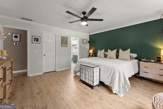 7277 Plum Creek Dr, Gainesville, GA 30507 - bedroom featuring light wood-style floors, ornamental molding, baseboards, a textured ceiling, and ceiling fan