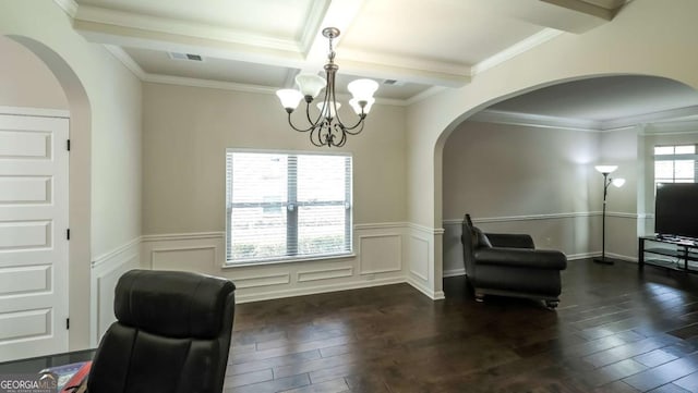 8744 Hamil Ct, Douglasville, GA 30135 - sitting room featuring arched walkways, dark wood-type flooring, a chandelier, a wainscoted wall, and beamed ceiling