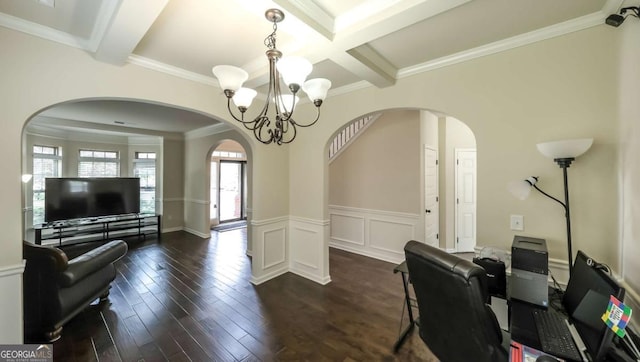 8744 Hamil Ct, Douglasville, GA 30135 - office space featuring arched walkways, a chandelier, coffered ceiling, beam ceiling, and dark wood finished floors