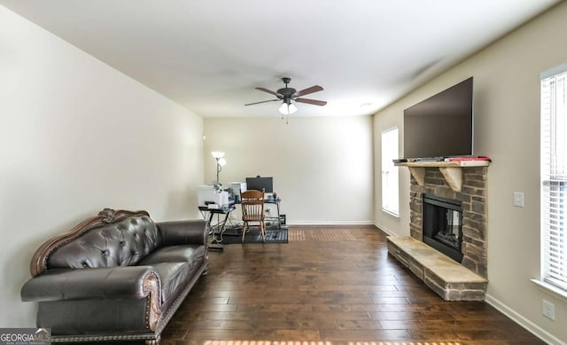 8744 Hamil Ct, Douglasville, GA 30135 - living area featuring plenty of natural light, a desk, hardwood / wood-style flooring, and a ceiling fan