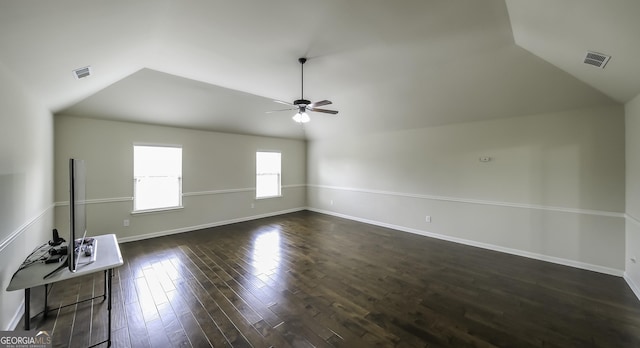 8744 Hamil Ct, Douglasville, GA 30135 - unfurnished living room with vaulted ceiling, ceiling fan, dark wood finished floors, and baseboards