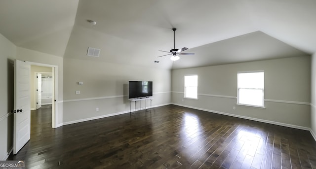 8744 Hamil Ct, Douglasville, GA 30135 - unfurnished living room featuring vaulted ceiling, ceiling fan, wood finished floors, and baseboards