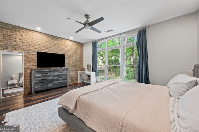 1308 NE Fernwood Cir NE, Atlanta, GA 30319 - bedroom with wood finished floors, recessed lighting, a ceiling fan, and brick wall