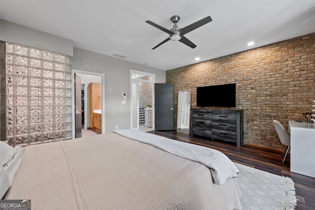1308 NE Fernwood Cir NE, Atlanta, GA 30319 - bedroom with brick wall, wood finished floors, recessed lighting, ensuite bathroom, and ceiling fan