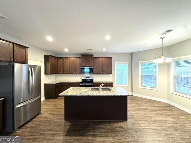 364 Dublin Way, Dallas, GA 30132 - kitchen featuring appliances with stainless steel finishes, dark brown cabinetry, a sink, a chandelier, and dark wood-style flooring