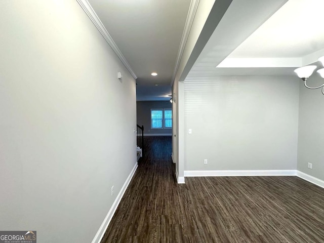 364 Dublin Way, Dallas, GA 30132 - hall featuring baseboards, dark wood-style flooring, ornamental molding, a chandelier, and recessed lighting