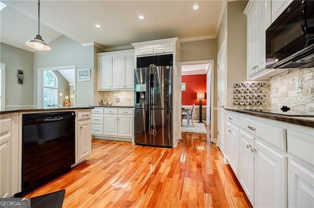 3620 Chartwell Dr, Suwanee, GA 30024 - kitchen with black appliances, dark countertops, crown molding, white cabinets, and recessed lighting
