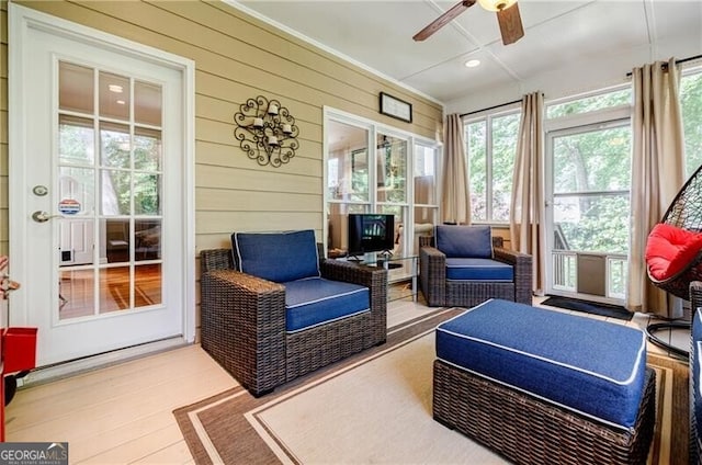 3620 Chartwell Dr, Suwanee, GA 30024 - sunroom featuring a ceiling fan and an outdoor living space