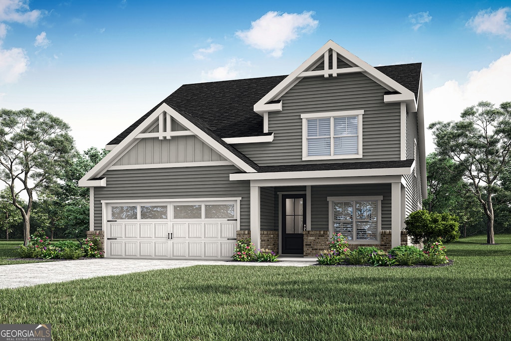 317 Limestone Cir, Conyers, GA 30013 - craftsman inspired home featuring a shingled roof, concrete driveway, a front lawn, and stone siding