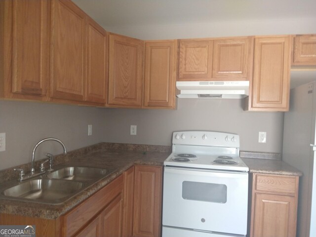 108 Ronald Pride, Fort Valley, GA 31030 - kitchen featuring under cabinet range hood, white electric range, a sink, and freestanding refrigerator