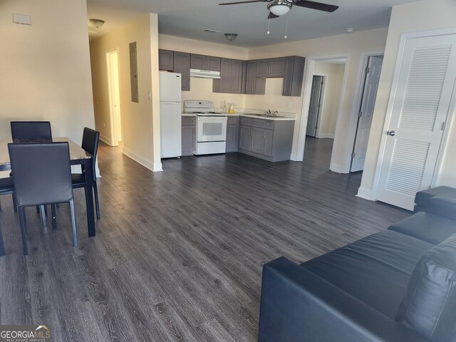 108 Ronald Pride, Fort Valley, GA 31030 - living area featuring ceiling fan, baseboards, and dark wood-style flooring