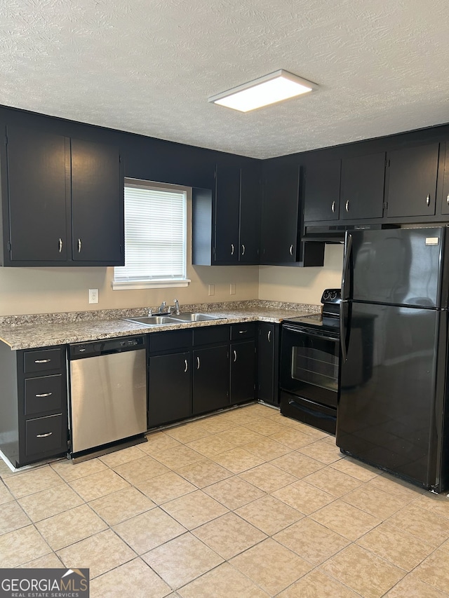 1321 Lakeview Dr NW, Conyers, GA 30012 - kitchen featuring black appliances, dark cabinets, a sink, a textured ceiling, and light countertops