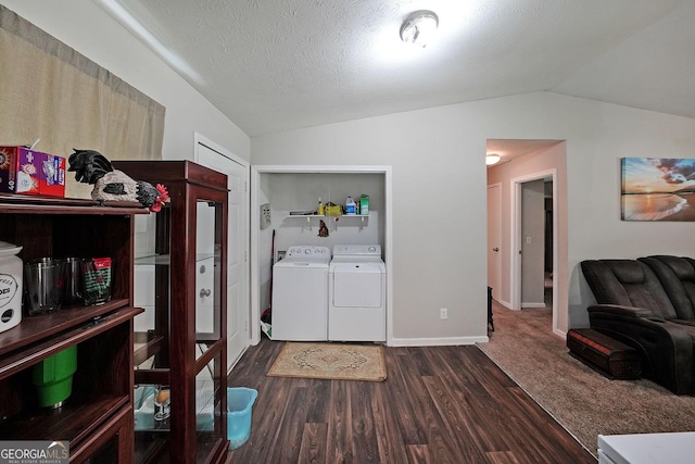 359 Dallas St, Hiram, GA 30141 - washroom featuring washer and clothes dryer, dark wood-style floors, a textured ceiling, and baseboards