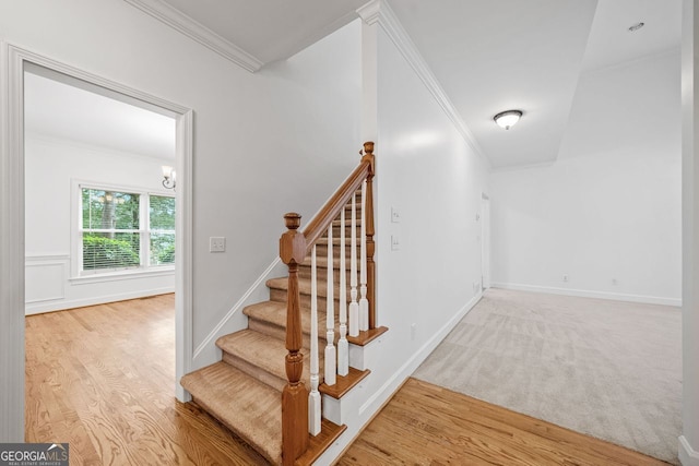 5190 Beech Forest Dr, Lilburn, GA 30047 - stairway with crown molding and wood finished floors
