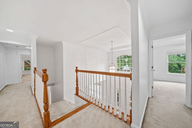 5190 Beech Forest Dr, Lilburn, GA 30047 - hall featuring an upstairs landing, carpet flooring, and crown molding