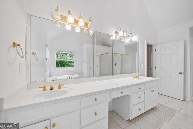 5190 Beech Forest Dr, Lilburn, GA 30047 - bathroom with lofted ceiling, a stall shower, double vanity, tile patterned floors, and a bath