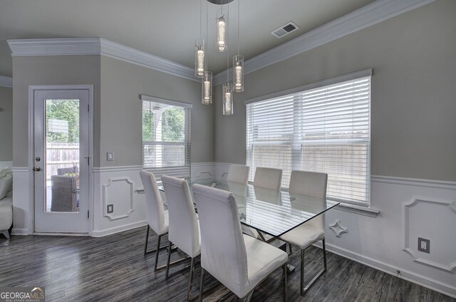 158 Bryon Ln, Acworth, GA 30102 - dining space featuring wainscoting, dark wood-type flooring, ornamental molding, and a decorative wall
