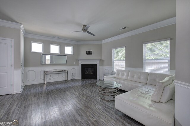158 Bryon Ln, Acworth, GA 30102 - living area featuring ceiling fan, wood finished floors, wainscoting, crown molding, and a fireplace