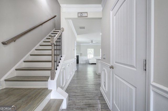 158 Bryon Ln, Acworth, GA 30102 - stairs with crown molding, ceiling fan, and wood finished floors
