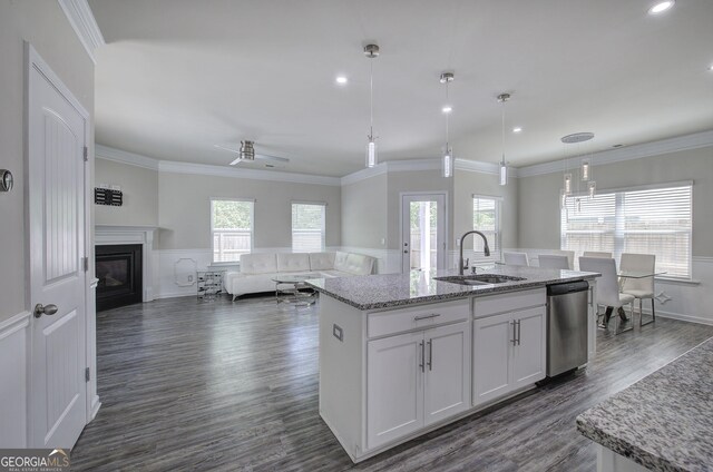 158 Bryon Ln, Acworth, GA 30102 - kitchen featuring a sink, stainless steel dishwasher, dark wood-style flooring, white cabinets, and a glass covered fireplace