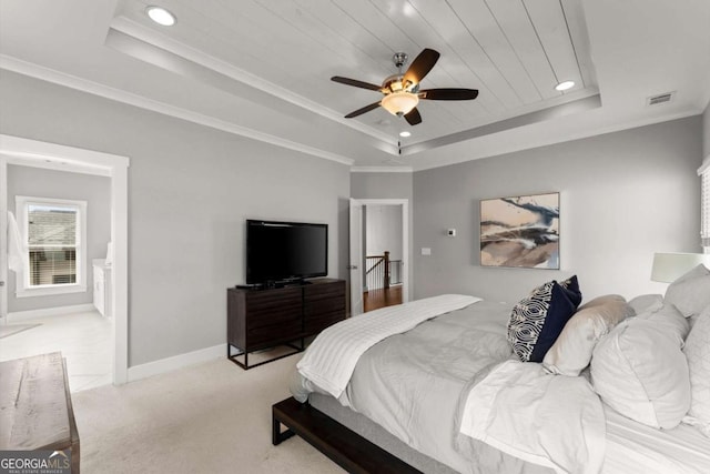 1104 Victoria St NE, Atlanta, GA 30319 - bedroom with a tray ceiling, recessed lighting, light colored carpet, baseboards, and a ceiling fan