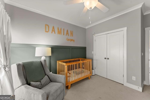 1104 Victoria St NE, Atlanta, GA 30319 - carpeted bedroom with crown molding, a closet, ceiling fan, and baseboards