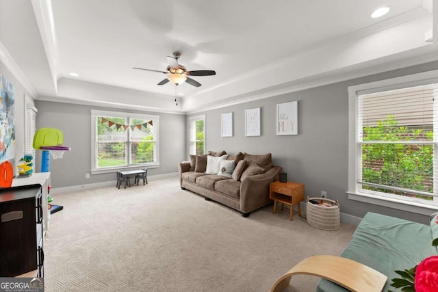 1104 Victoria St NE, Atlanta, GA 30319 - living area featuring a tray ceiling, ceiling fan, carpet flooring, baseboards, and recessed lighting