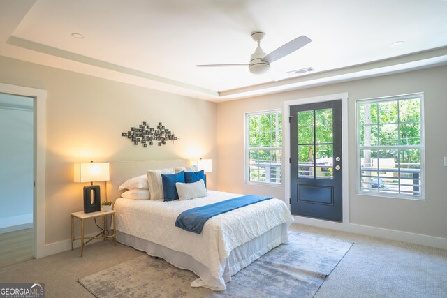 4366 Bradley Dr SW, Snellville, GA 30039 - bedroom featuring a tray ceiling, light colored carpet, multiple windows, and baseboards