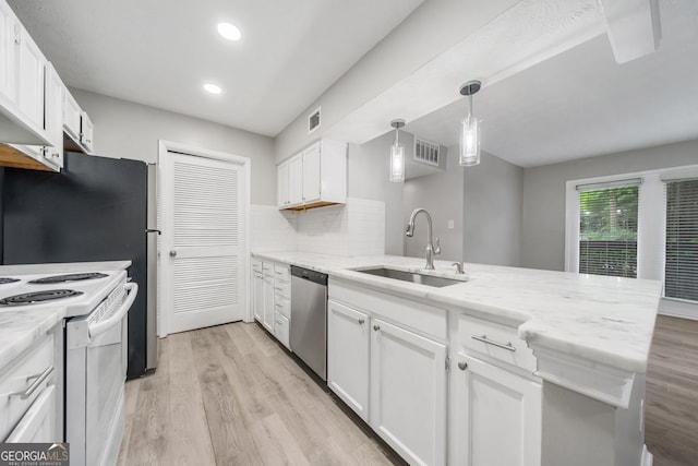 113 Tuxworth Cir, Decatur, GA 30033 - kitchen featuring dishwasher, a sink, a peninsula, white electric range oven, and light wood-type flooring