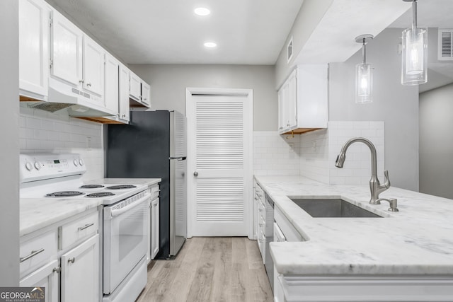113 Tuxworth Cir, Decatur, GA 30033 - kitchen with electric stove, a sink, white cabinets, under cabinet range hood, and light wood finished floors