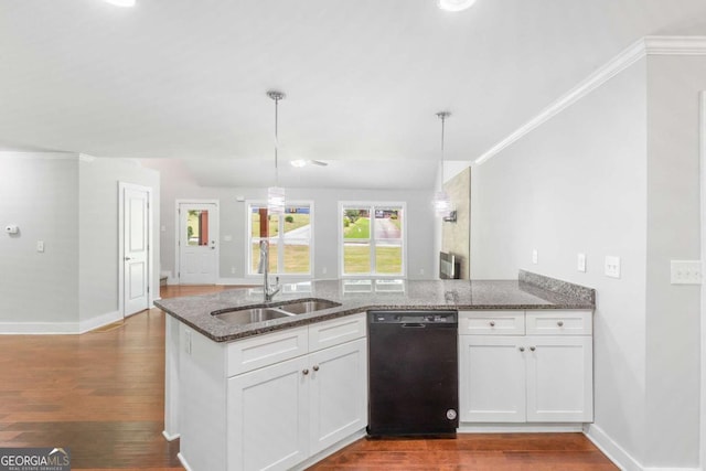 347 Chip Rd, Stone Mountain, GA 30087 - kitchen featuring black dishwasher, a sink, a peninsula, dark wood-style flooring, and crown molding