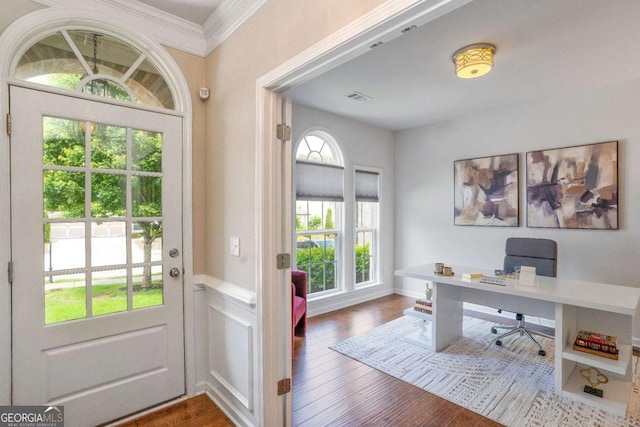 667 Creswell Park, Smyrna, GA 30082 - office area featuring crown molding, dark wood finished floors, and wainscoting