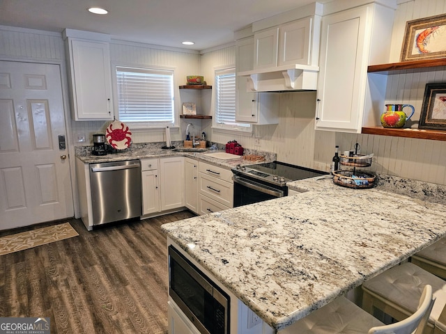 127 Azalea Rd Apt A103, Midway, GA 31320 - kitchen with open shelves, appliances with stainless steel finishes, a peninsula, a sink, and dark wood finished floors