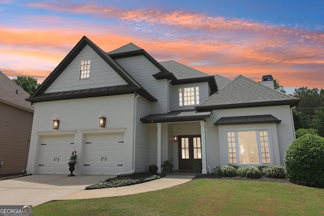 12645 Morningpark Cir, Alpharetta, GA 30004 - view of front of house with french doors, brick siding, a yard, driveway, and roof with shingles