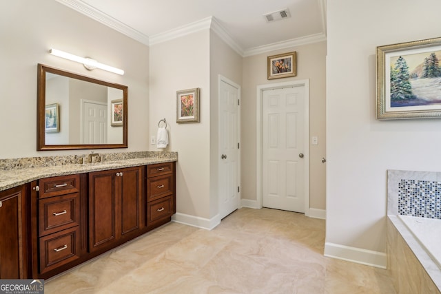 12645 Morningpark Cir, Alpharetta, GA 30004 - full bathroom with vanity, a relaxing tiled tub, ornamental molding, baseboards, and tile patterned flooring
